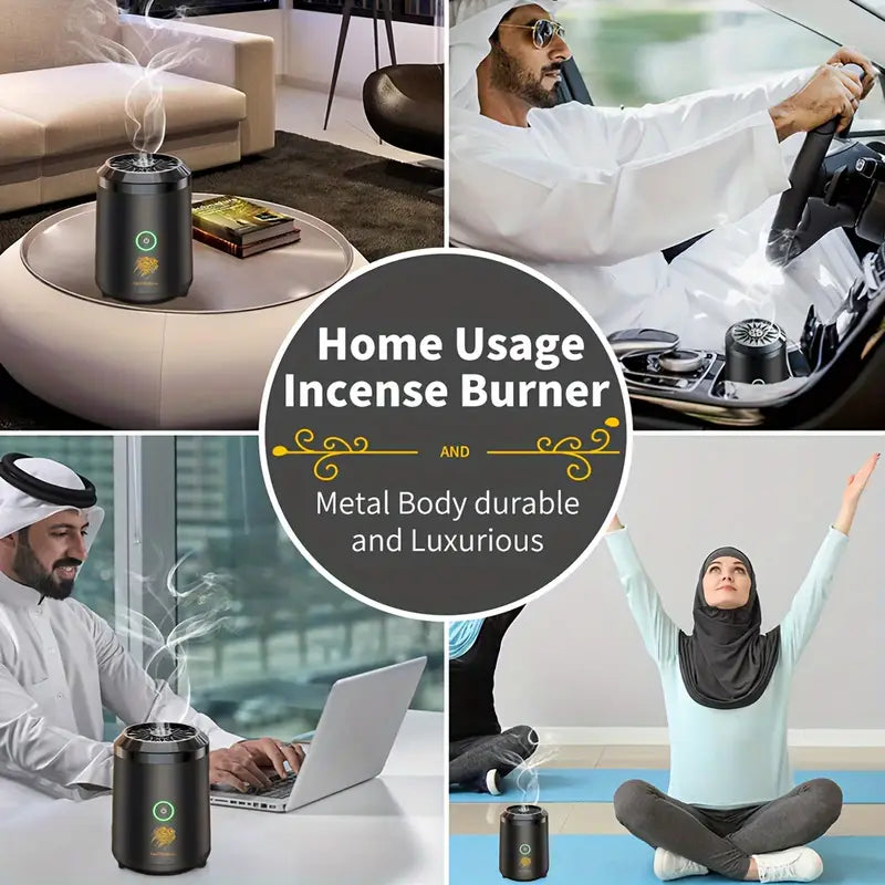 مبخرة عطرية صغيرة USB – موزع بخور معدني محمول للاستخدام في السيارة والمنزل (أسود)